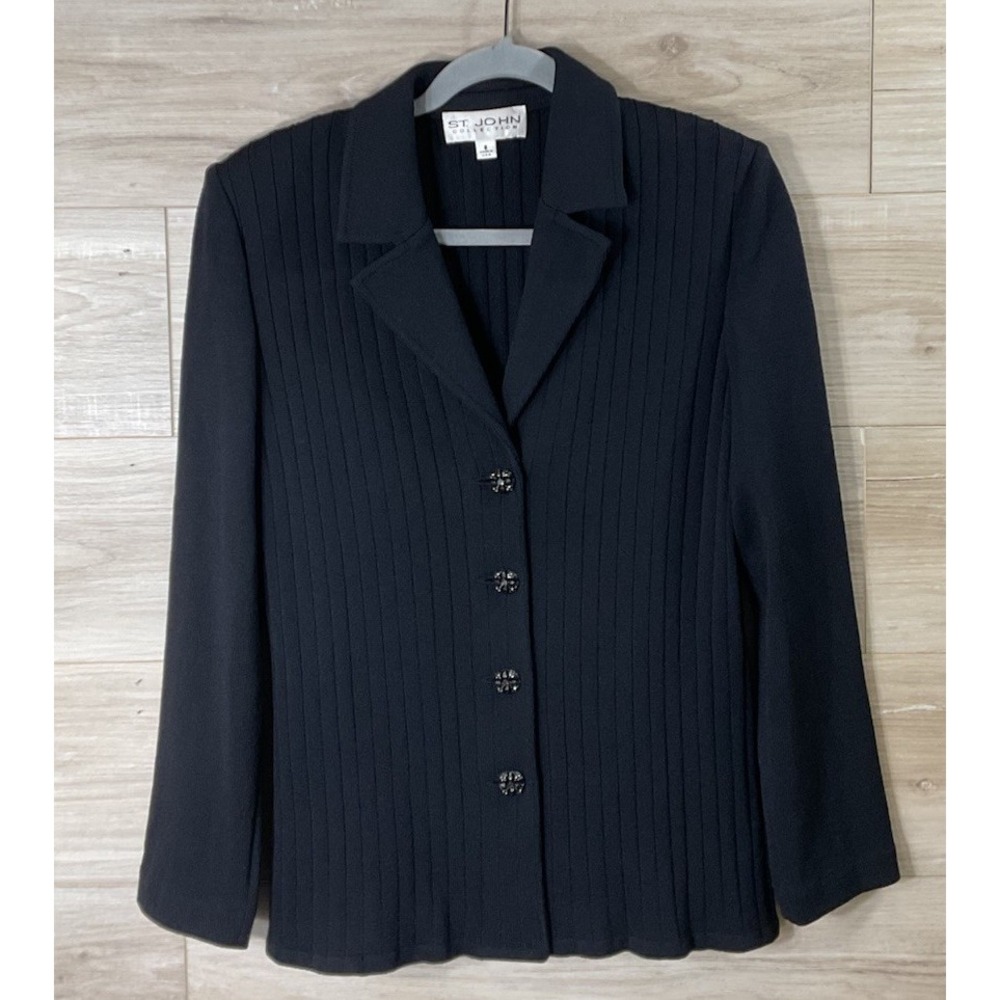 St John Black Knit Blazer Rhinestone Button Jacket Size 8 Classic READ